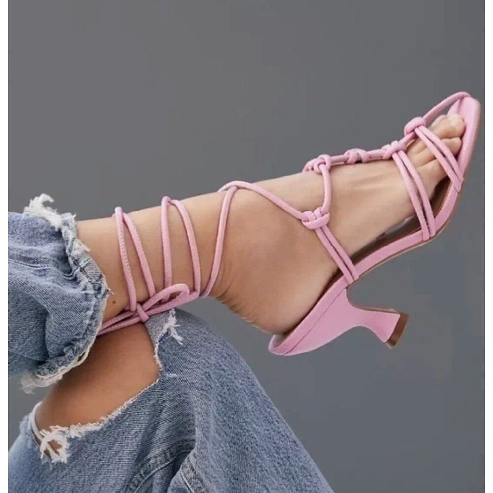 Anthropologie Womens Pink Caged Sandals Heels Lace tie Up Sz 5 EU 35 Leather New